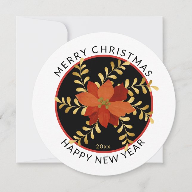 Modern Round, Merry Christmas Stylized Poinsettia  Holiday Card (Front)