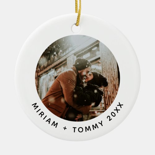 Modern Round Photo Couple First Christmas Ceramic Ornament
