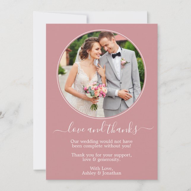 Modern Round Photo Frame Dusty Rose Wedding Thank You Card (Front)