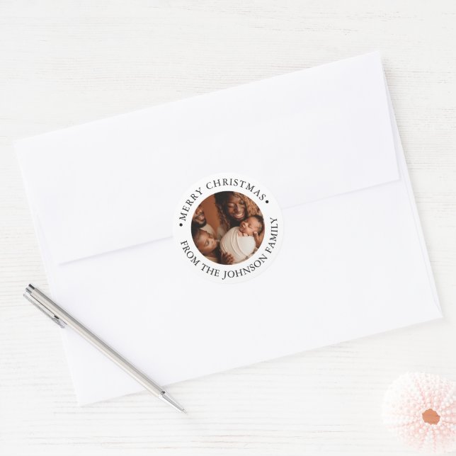 Modern Round Photo Merry Christmas Greeting Family Classic Round Sticker (Envelope)