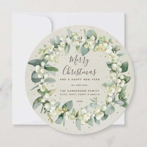 Modern Round SnowberryEucalyptus Christmas Wreath Holiday Card