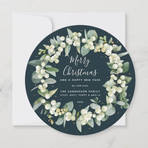 Modern Round SnowberryEucalyptus Christmas Wreath Holiday Card