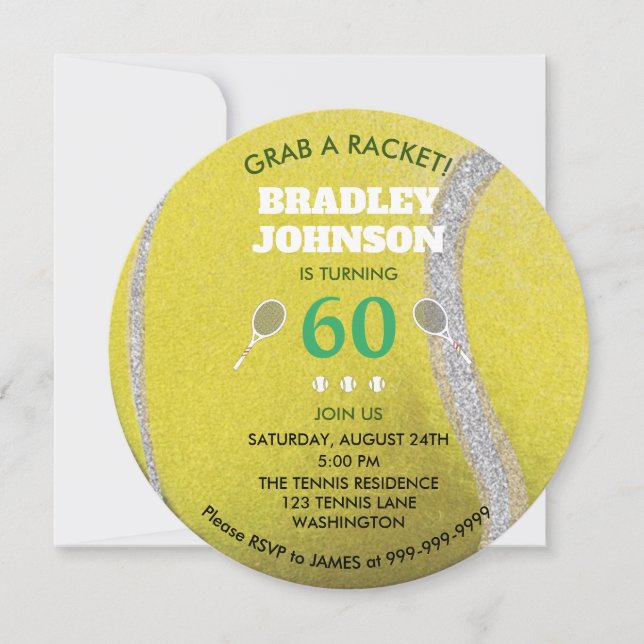 Modern Round Tennis Ball Personalized 60 Birthday Invitation (Front)