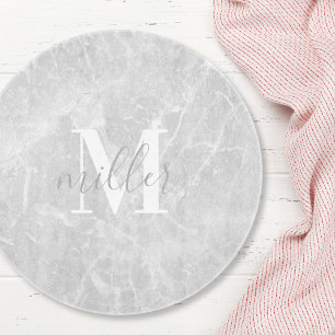 Modern Round White Marble Monogram Glass Cutting Board