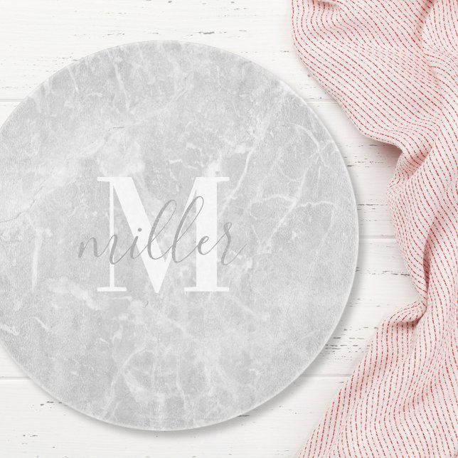 Modern Round White Marble Monogram Glass Cutting Board (Creator Uploaded)