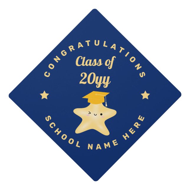 Modern Royal Blue and Gold Graduation Star Cap Topper (Front)