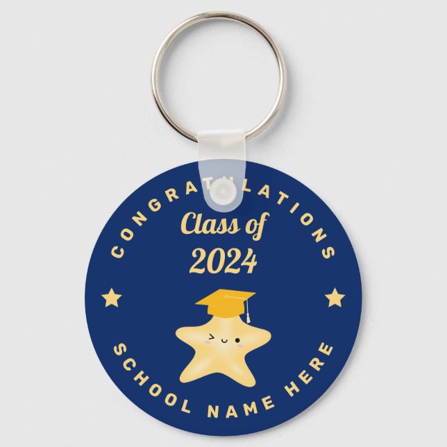 Modern Royal Blue and Gold Graduation Star Keychain (Front)