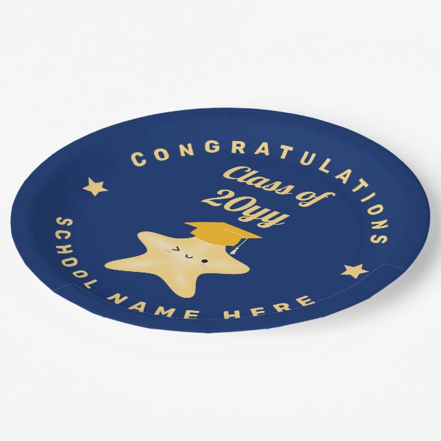 Modern Royal Blue and Gold Graduation Star Paper Plates (Angled)