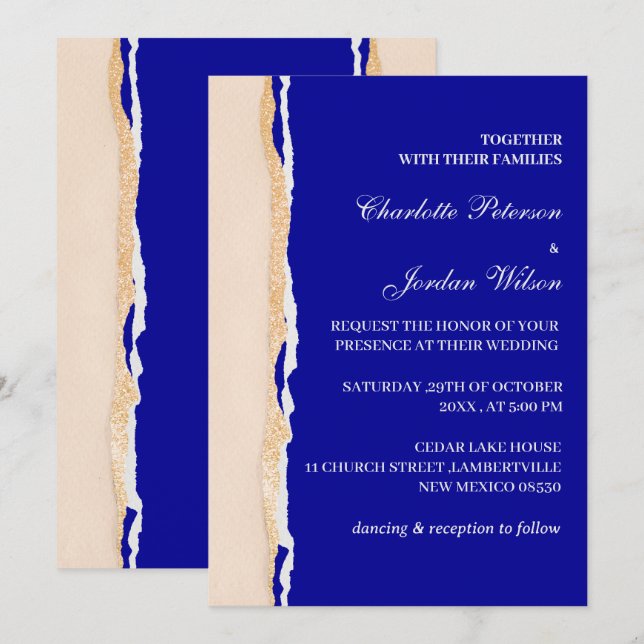 Modern Royal Blue and Rose Gold Wedding Invitation (Front/Back)
