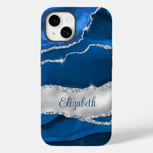 Modern Royal Blue and Silver Agate Monogram Case_Mate iPhone 14 Case