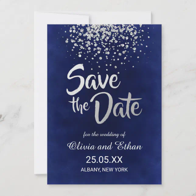 Modern Royal Blue and Silver Confetti Save The Date | Zazzle