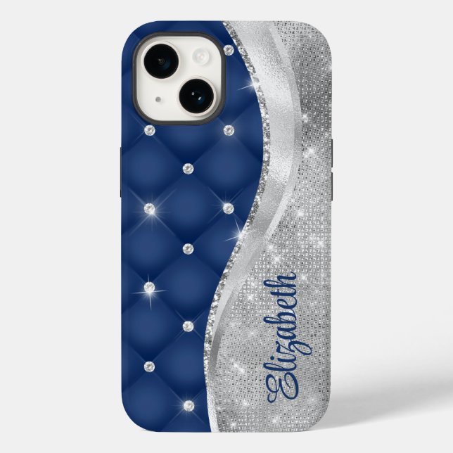 Modern Royal Blue and Silver Glitter Monogram Case-Mate iPhone Case (Back)