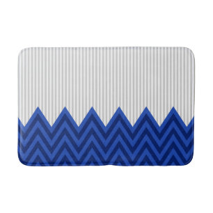Modern Royal Blue Chevron Gray Stripes Pattern Bathroom Mat