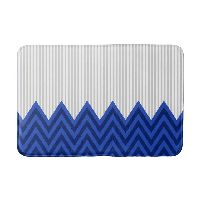 Modern Royal Blue Chevron Gray Stripes Pattern Bathroom Mat (Front)