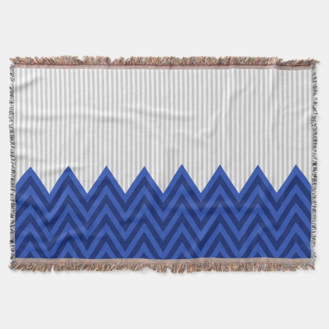 Modern Royal Blue Chevron Gray Stripes Pattern Throw Blanket (Front)