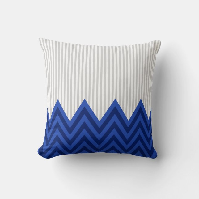 Modern Royal Blue Chevron Gray  Stripes Pattern Throw Pillow (Front)