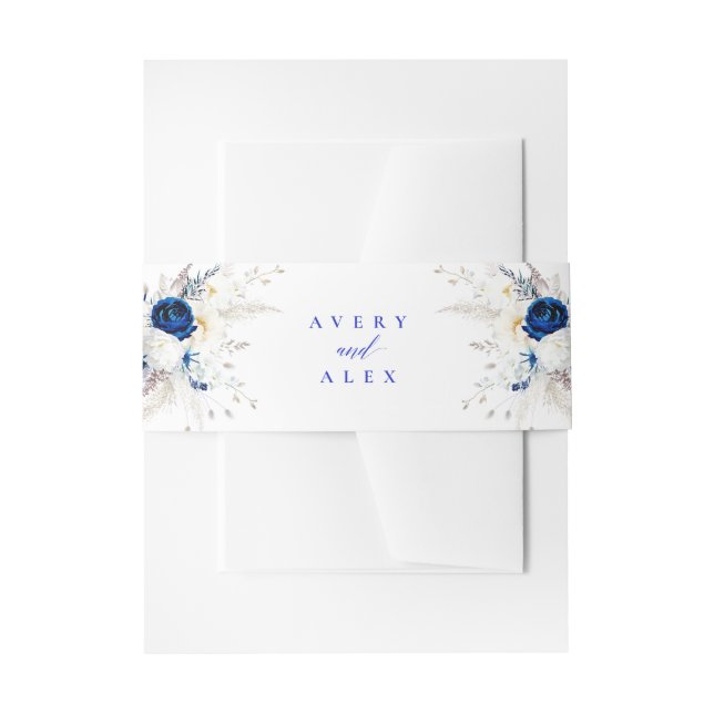Modern Royal Blue Floral Calligraphy Wedding Invitation Belly Band (Front Example)