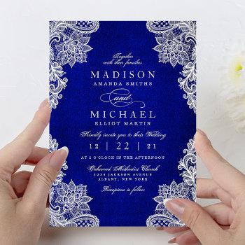 Modern Royal Blue Floral Lace Wedding Invitation by girlygirlgraphics at Zazzle