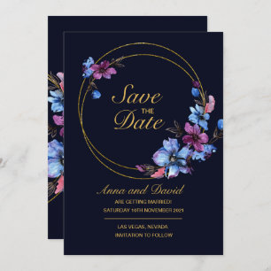 Modern Royal Blue Floral Save The Date Invitation