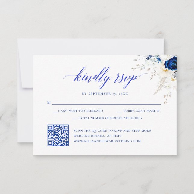Modern Royal Blue Floral Wedding QR Code RSVP Card (Front)