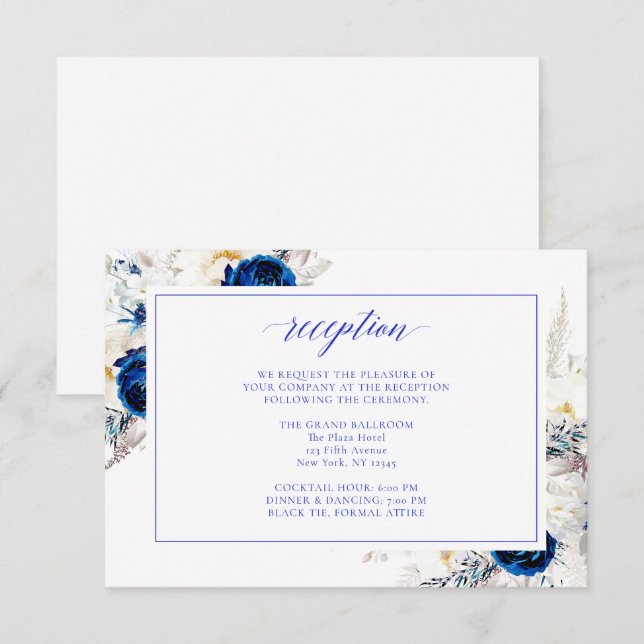 Modern Royal Blue Floral Wedding Reception Card (Front/Back)