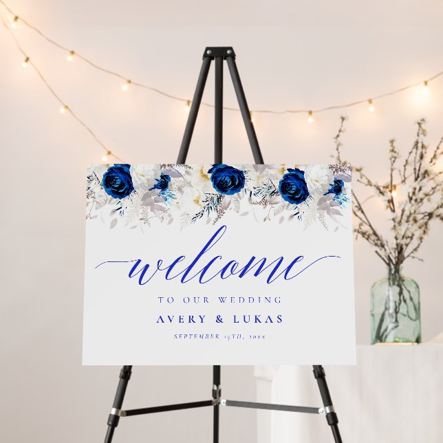 Modern Royal Blue Floral Welcome Wedding Sign (In Situ (Stand))
