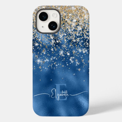 Modern Royal Blue Foil Gold Faux Glitter Monogram  Case_Mate iPhone 14 Case