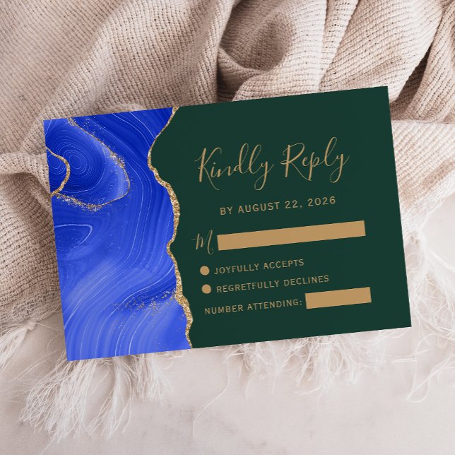 Modern Royal Blue Gold Agate Emerald Green Wedding RSVP Card (Creator Uploaded)