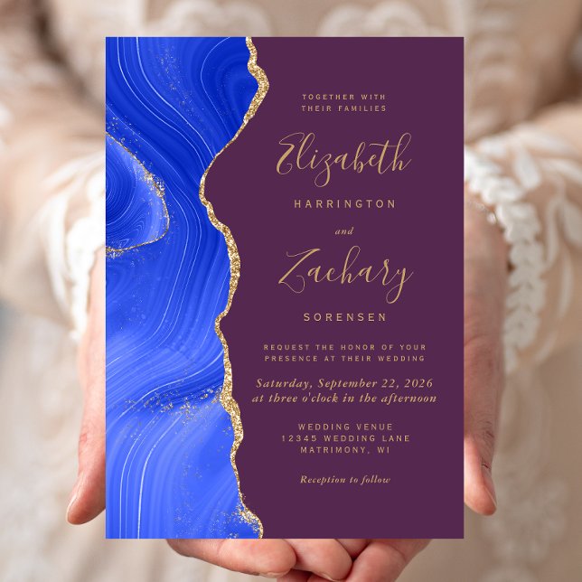 Modern Royal Blue Gold Agate Plum Wedding Invitation (Creator Uploaded)