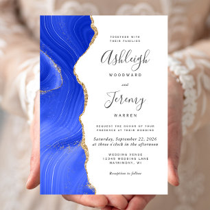 Modern Royal Blue Gold Agate Wedding Invitation