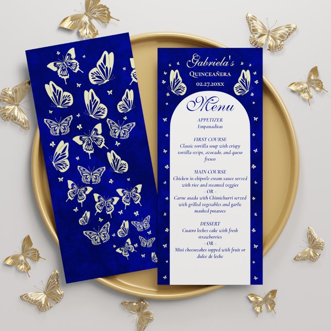Modern Royal Blue Gold Butterflies Quinceañera Menu (Modern Royal Blue Gold Butterflies Quinceañera Menu)