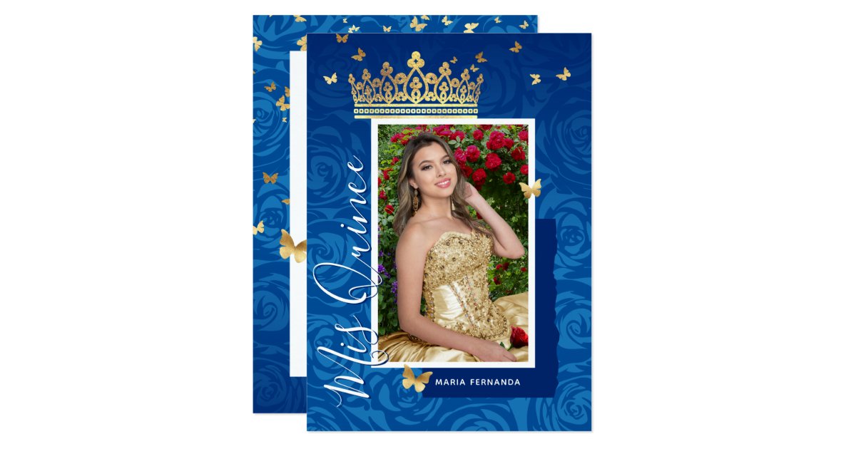 Modern Royal Blue Gold Elegant Photo Quinceanera Invitation
