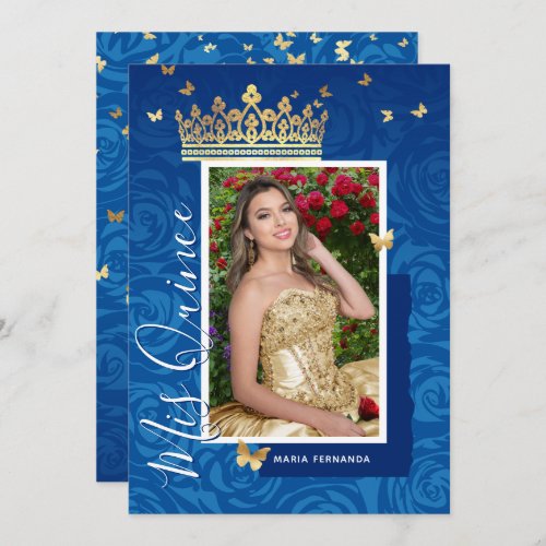 Modern Royal Blue Gold Elegant Photo Quinceanera Invitation