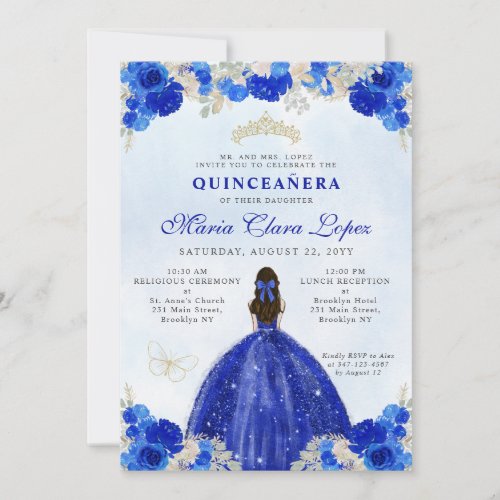 Modern Royal Blue Gold Floral Princess Quinceaera Invitation