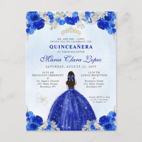 Modern Royal Blue Gold Floral Princess Quinceaera Postcard