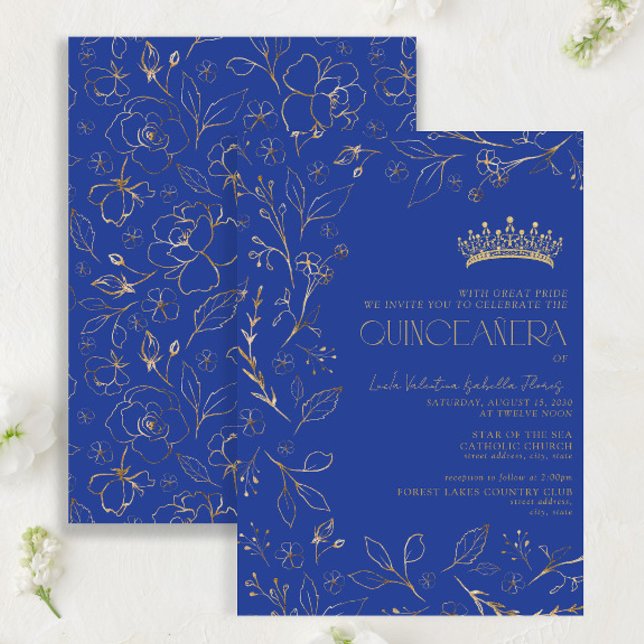 Modern Royal Blue Gold Floral Tiara Quinceañera Invitation (Creator Uploaded)