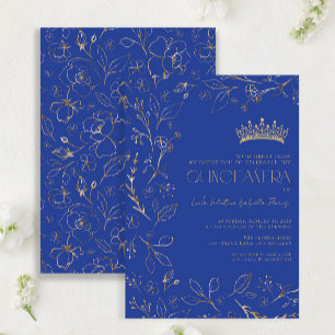Modern Royal Blue Gold Floral Tiara Quinceañera Invitation