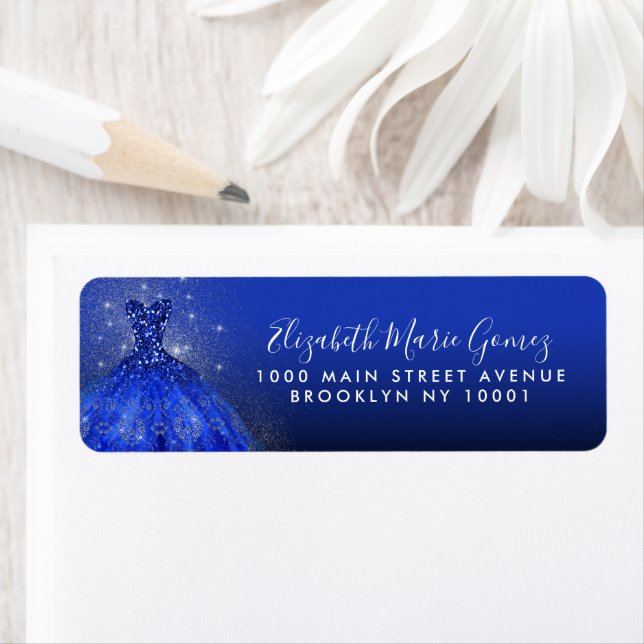 Modern Royal Blue Gold Glitter Gown Quinceanera Label (Insitu)