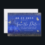 Modern Royal Blue Gold Glitter Gown Quinceanera Save The Date<br><div class="desc">Modern Royal Blue Navy Blue Classic Gold Princess Gown Dress Glitter Sparkle Butterfly 15th Birthday Quinceanera Save the Date Invitation</div>