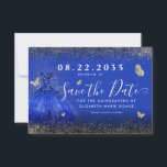 Modern Royal Blue Gold Glitter Gown Quinceanera Save The Date<br><div class="desc">Modern Royal Blue Navy Blue Classic Gold Princess Gown Dress Glitter Sparkle Butterfly 15th Birthday Quinceanera Save the Date Invitation</div>