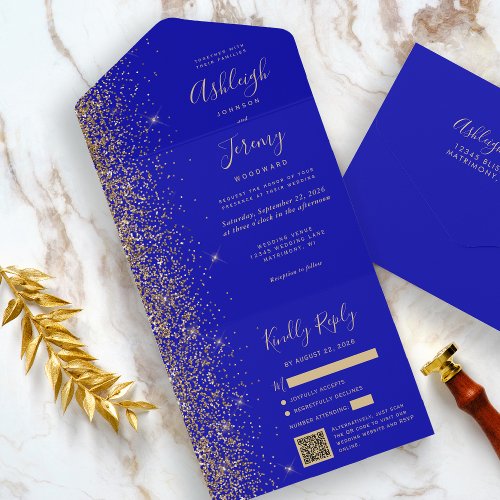 Modern Royal Blue Gold Glitter QR Code Wedding All In One Invitation