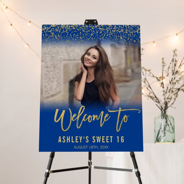 Modern Royal Blue Gold Glitter Sweet 16 Photo Foam Board (In Situ (Stand))