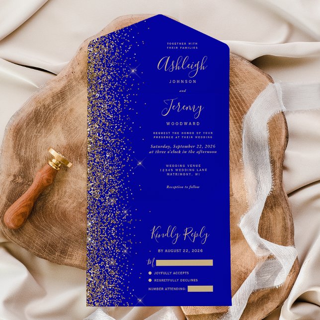 Modern Royal Blue Gold Glitter Wedding All In One Invitation (Creator Uploaded)