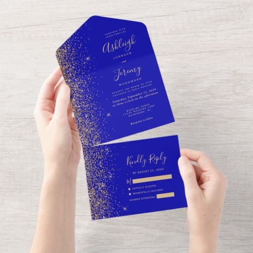 Modern Royal Blue Gold Glitter Wedding All In One Invitation