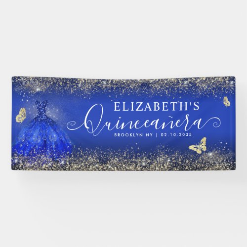 Modern Royal Blue Gold Gown Quinceaera Welcome Banner