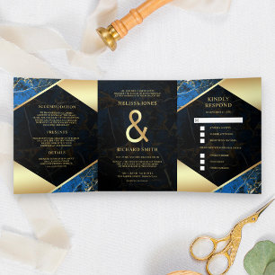 Modern Royal Blue Gold Marble Ampersand Wedding Tri-Fold Invitation