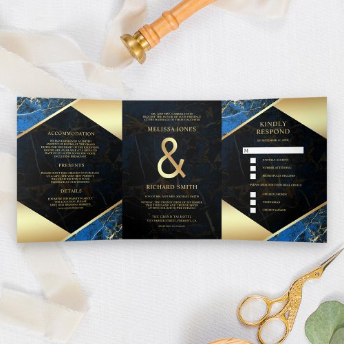 Modern Royal Blue Gold Marble Ampersand Wedding Tri_Fold Invitation