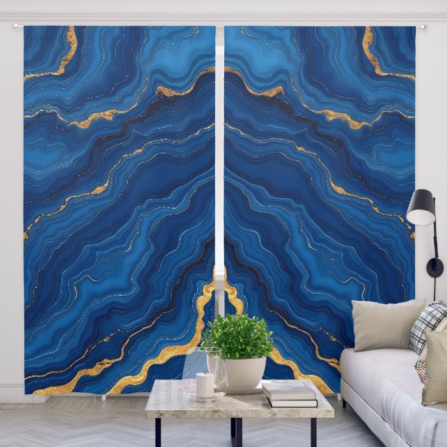 Modern Royal Blue Gold Marble Collection Blackout Curtains (Living Room)