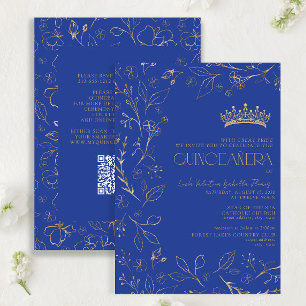 Modern Royal Blue Gold QR Code Floral Quinceañera Invitation