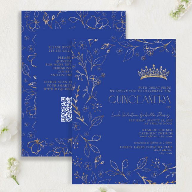 Modern Royal Blue Gold QR Code Floral Quinceañera Invitation (Creator Uploaded)